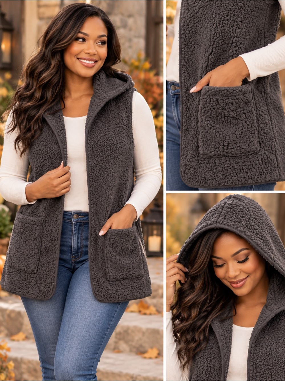 Zenana Women’s XL Charcoal Sherpa Hooded Vest Open Front Cozy Fleece